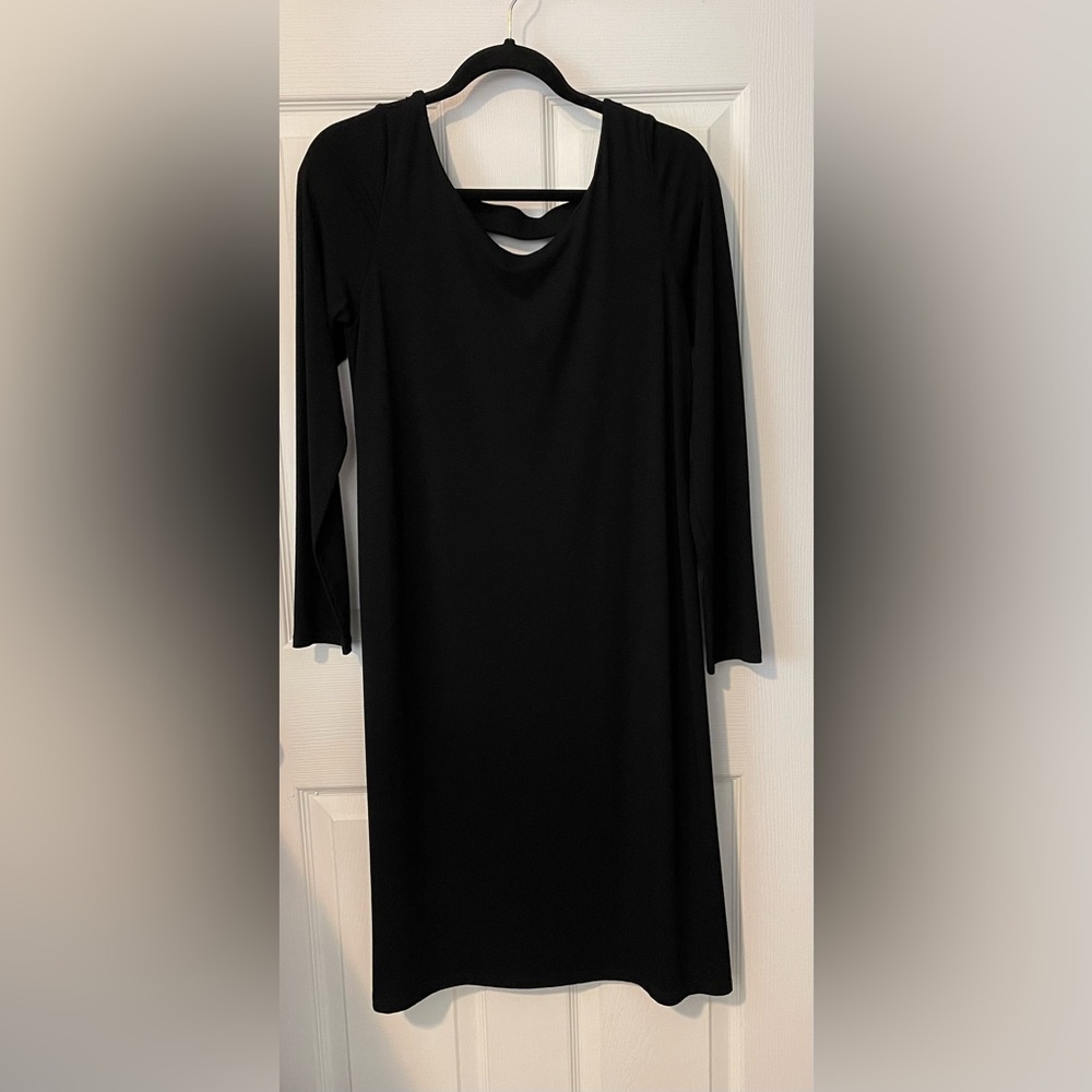 💃 EILEEN FISHER Black Jersey Ballet Neck Triangle Back Cut Out Dress Size S
